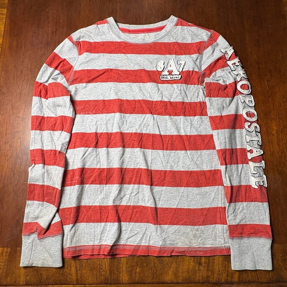 Aeropostale 87 Original Brand Striped Long Sleeve Shirt Red Gray Small